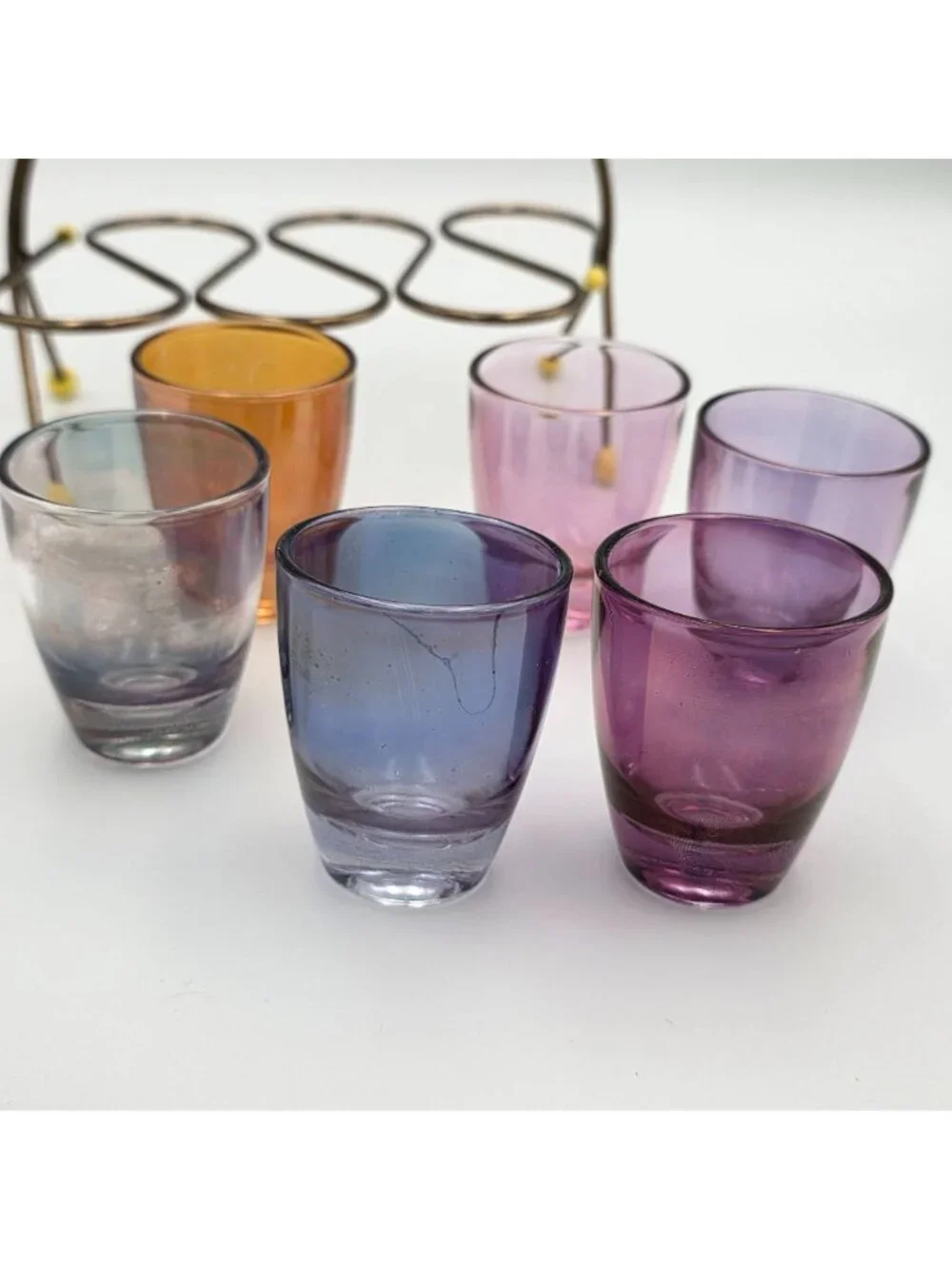 1950s Harlequin Shot Glass Set with Wire Holder Vintage MCM Barware